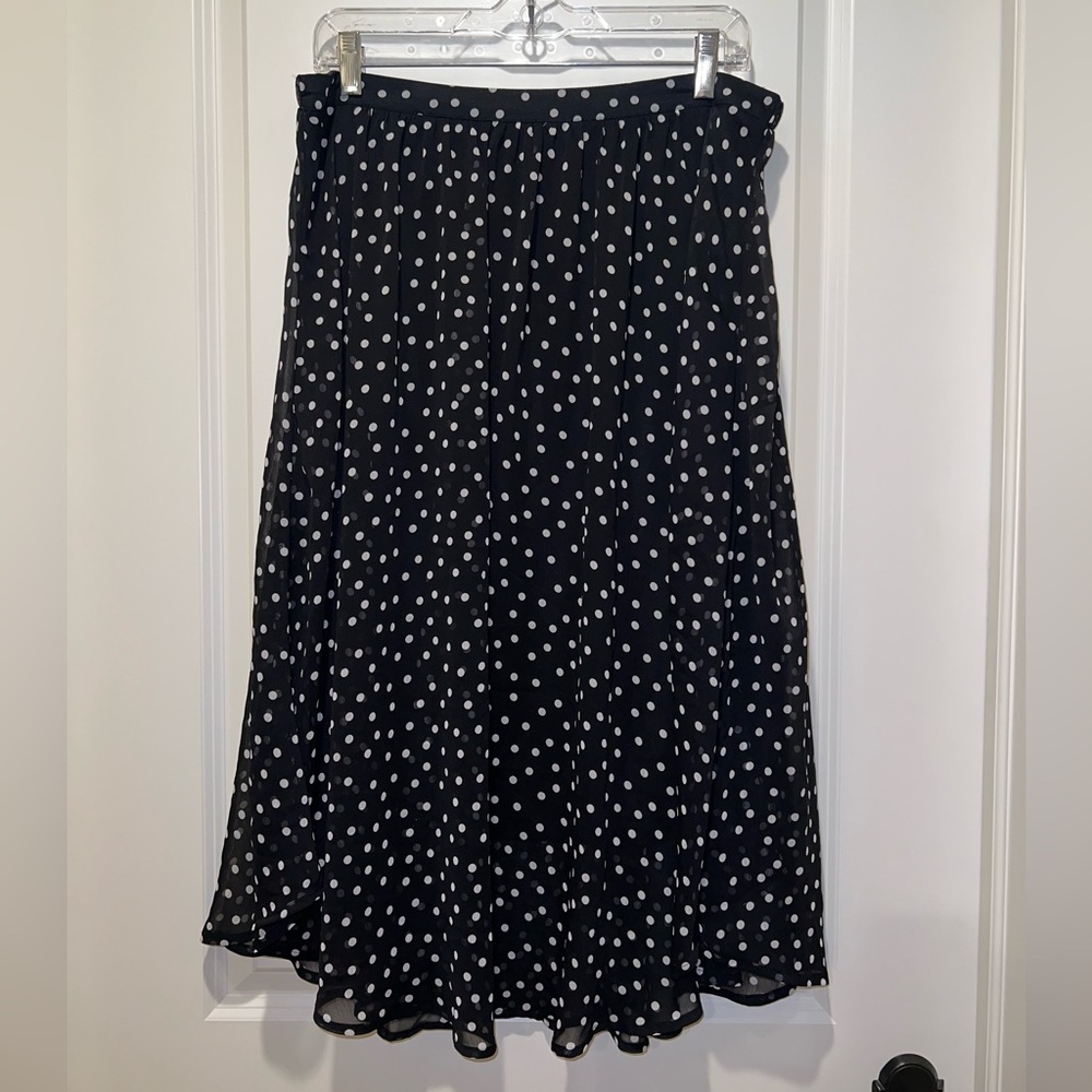 Polka Dot Black Midi Skirt Sheer Lined Flowy Skirt Modest Elastic Waistband
